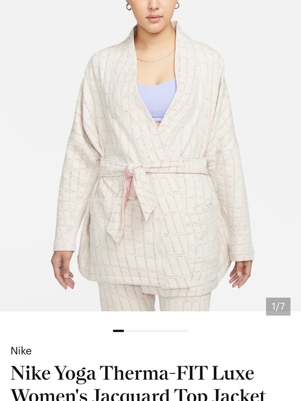 Nike Thera Luxe Jacquard Reversible Quilted Wrap Robe Jacket with Pink Accent